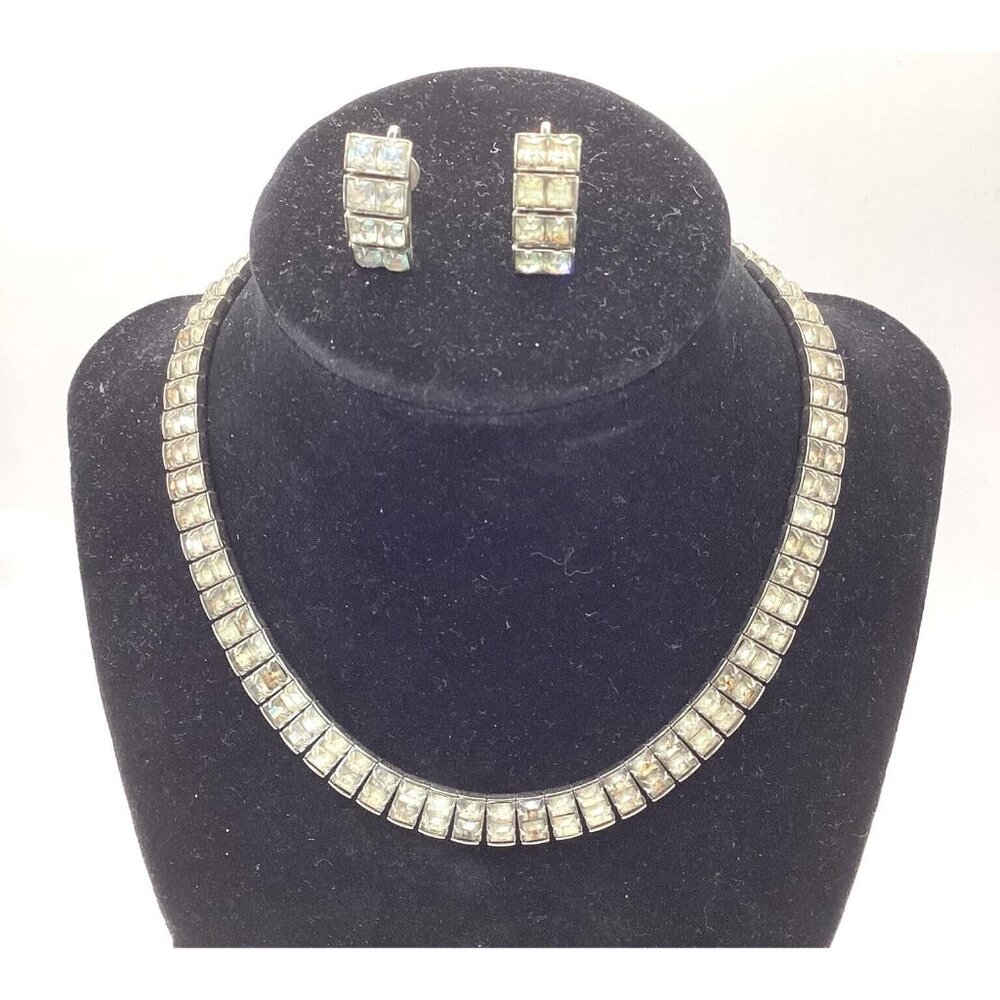 1940s Rhinestone Choker w Screw Earrings Vintage Prong Set Rhinestones